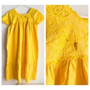 Vintage Sew Well Fashions Floral Embroidered Yellow Cotton Summer Dress M